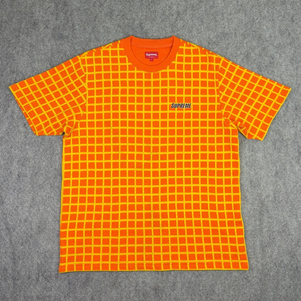 Supreme Grid Knit Short Sleeve Tee Shirt Orange Yellow Men Large Logo SS19